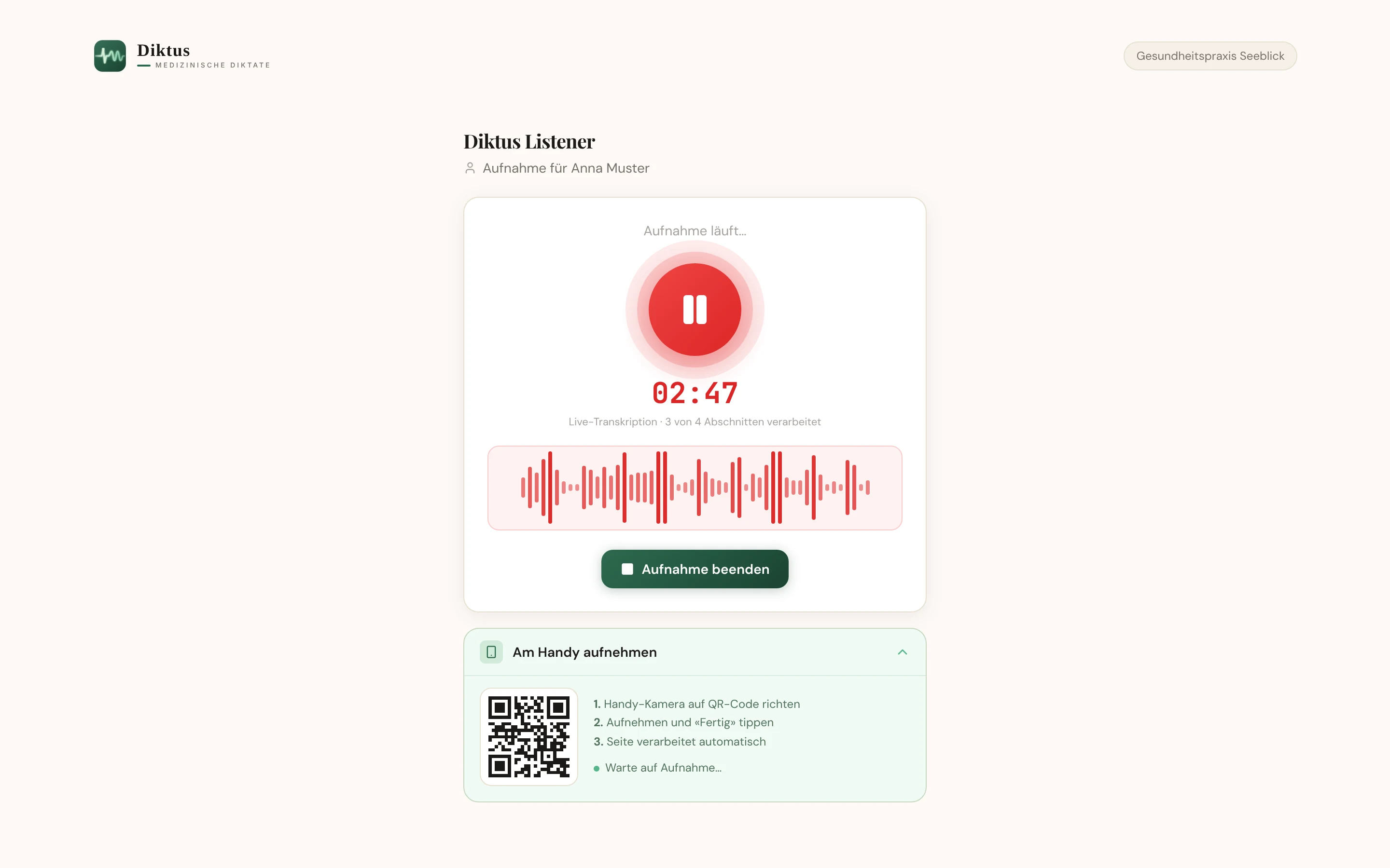Diktus Listener während der Aufnahme einer Konsultation